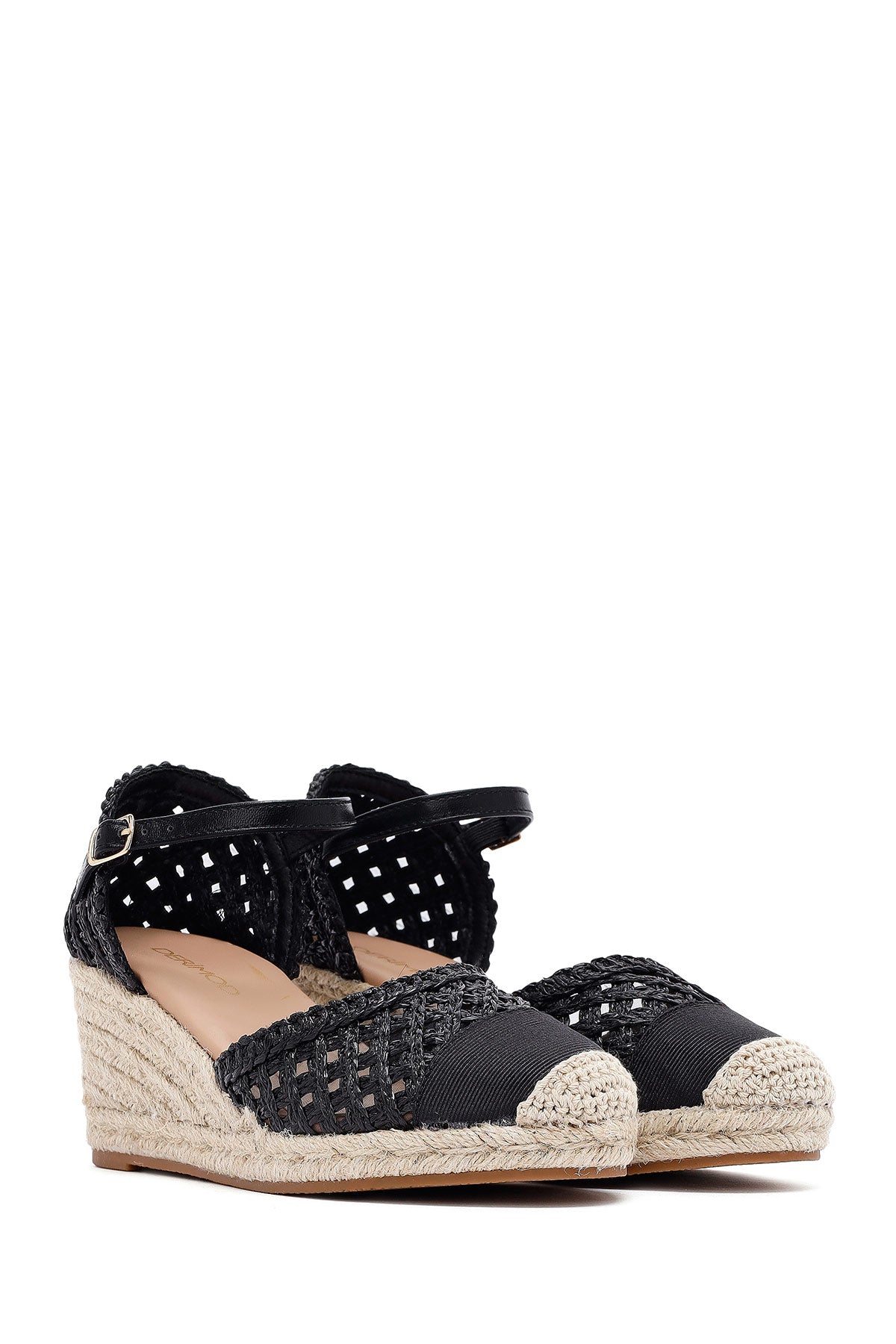 Kadın Siyah Bilekten Tokalı Örgülü Dolgu Topuklu Espadril Sandalet