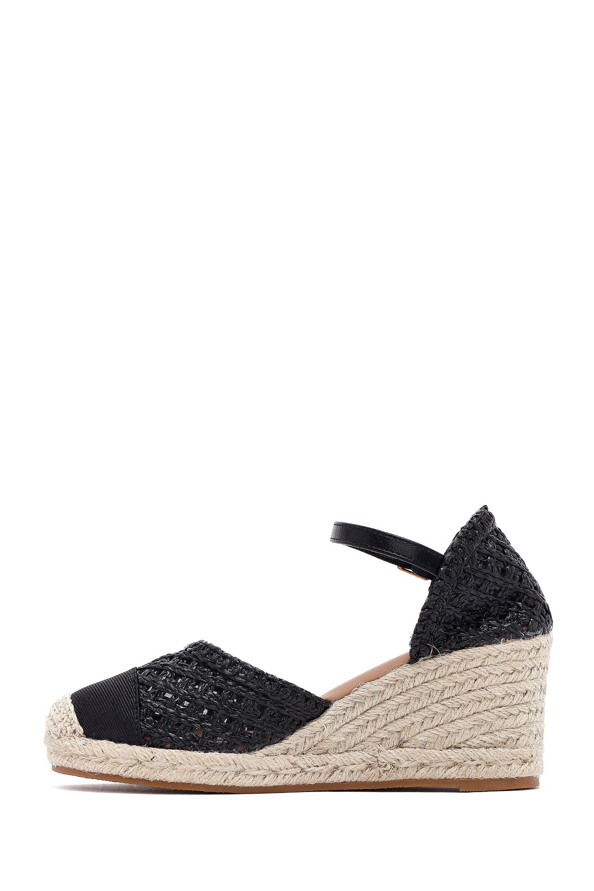 Kadın Siyah Bilekten Tokalı Örgülü Dolgu Topuklu Espadril Sandalet