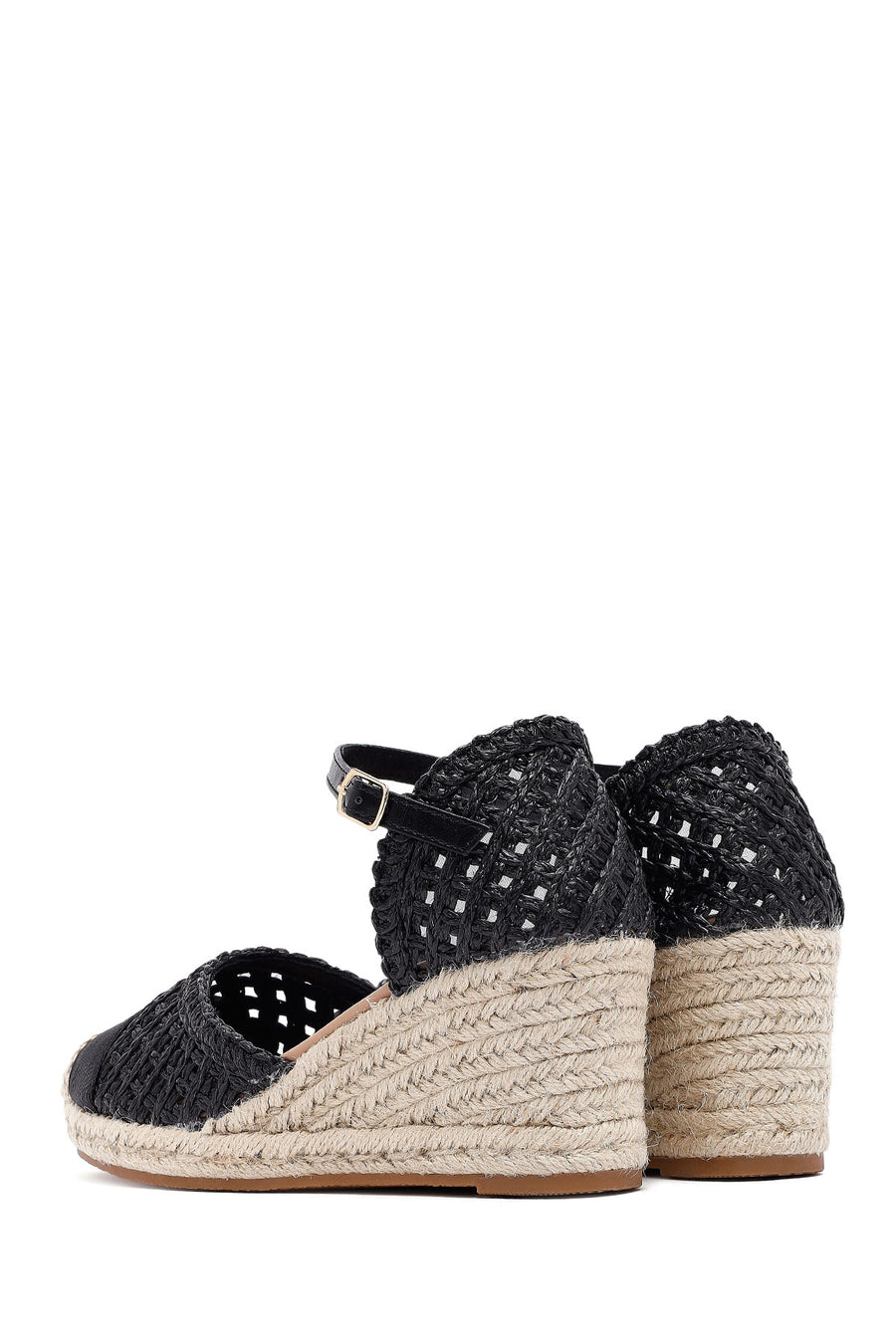 Women's Black Ankle Buckle Braided Wedge Heel Espadrille Sandals