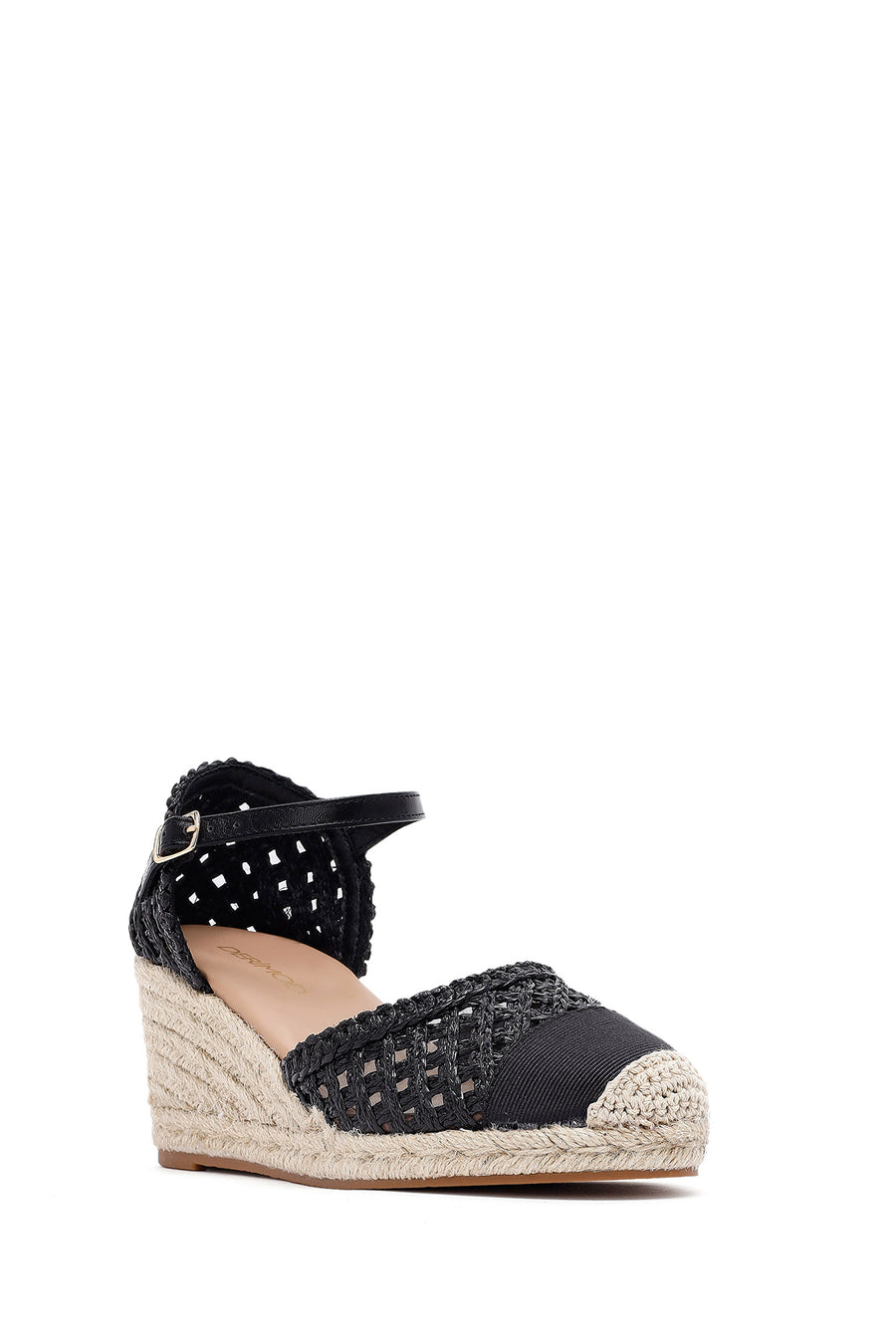 Women's Black Ankle Buckle Braided Wedge Heel Espadrille Sandals