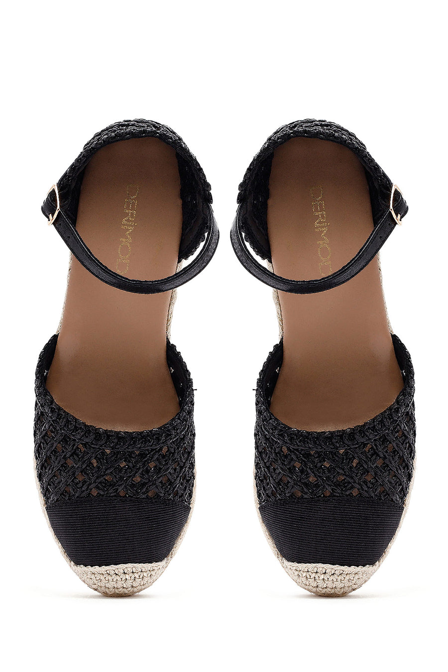 Women's Black Ankle Buckle Braided Wedge Heel Espadrille Sandals