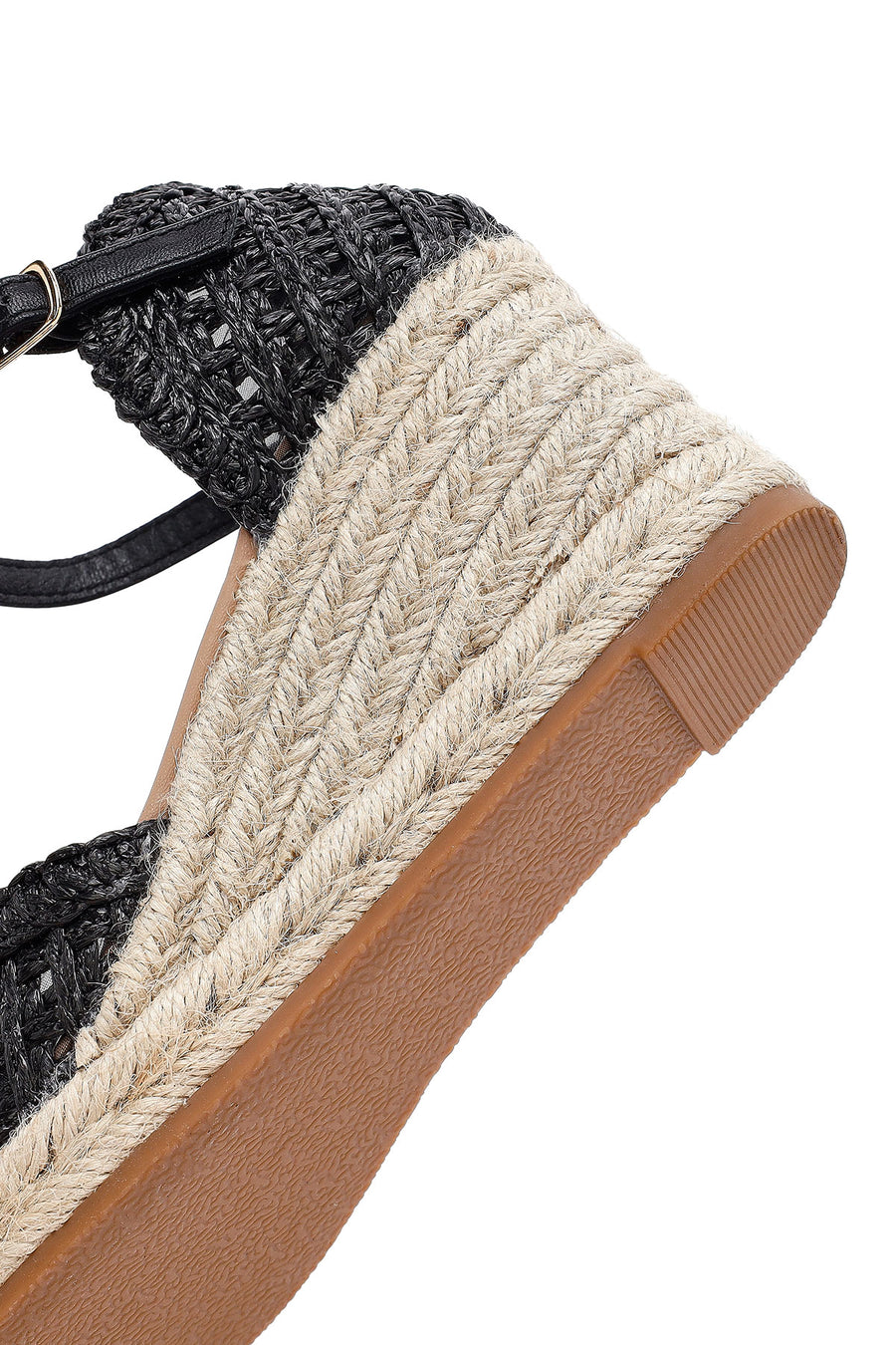 Women's Black Ankle Buckle Braided Wedge Heel Espadrille Sandals
