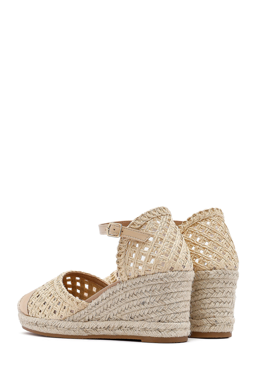 Women's Cream Ankle Buckle Braided Wedge Heel Espadrille Sandals