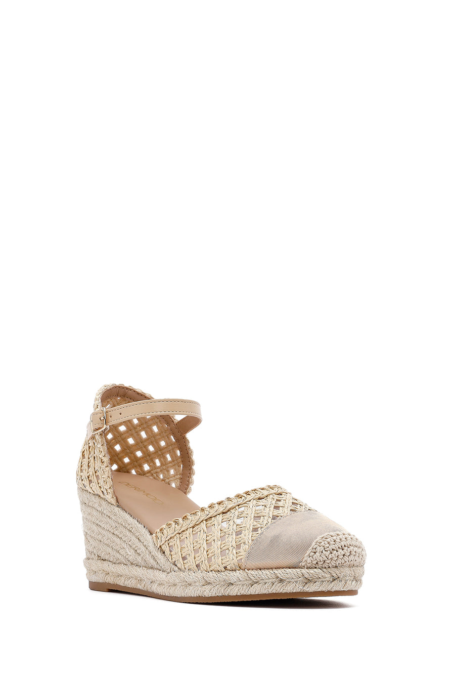 Women's Cream Ankle Buckle Braided Wedge Heel Espadrille Sandals