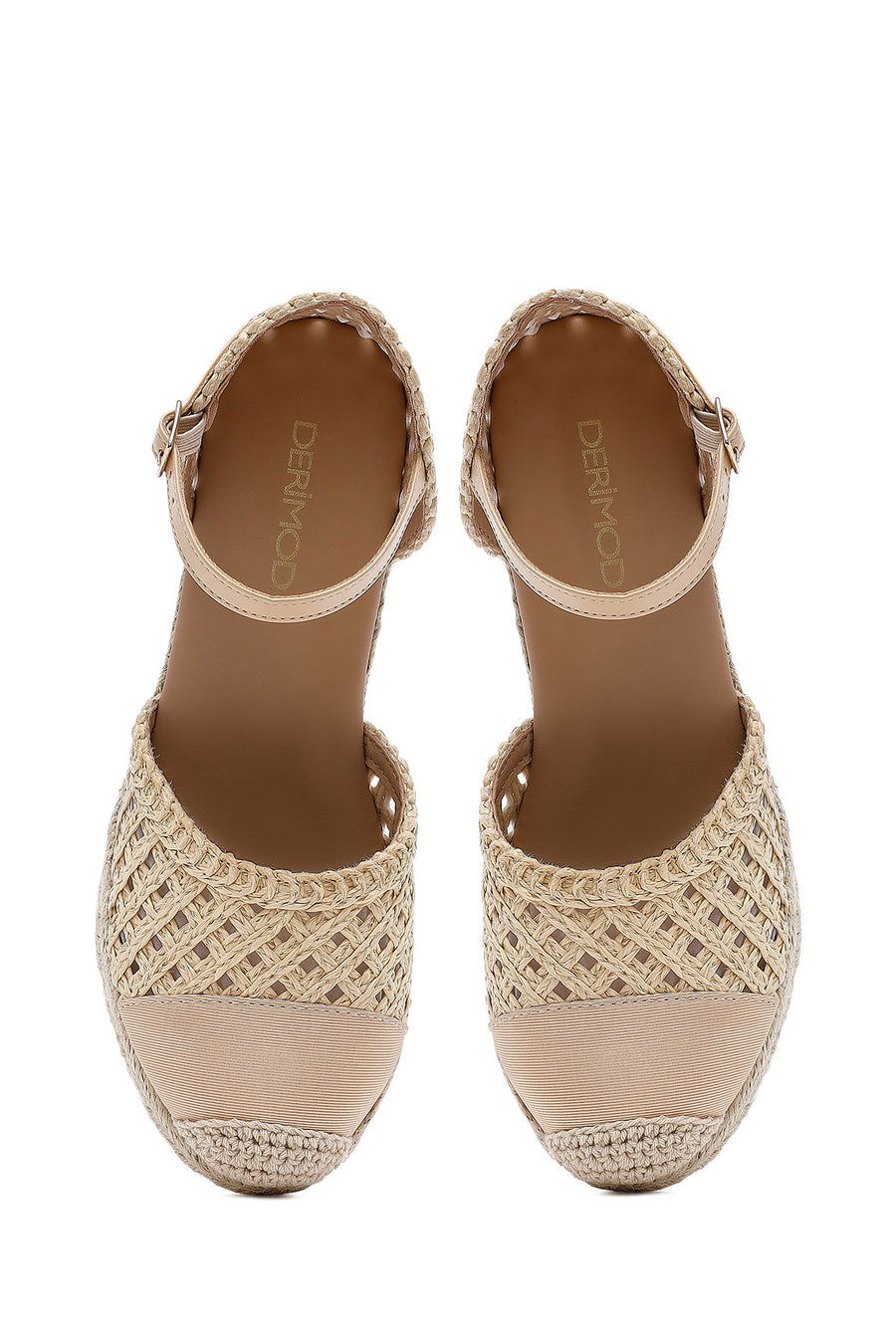 Women's Cream Ankle Buckle Braided Wedge Heel Espadrille Sandals
