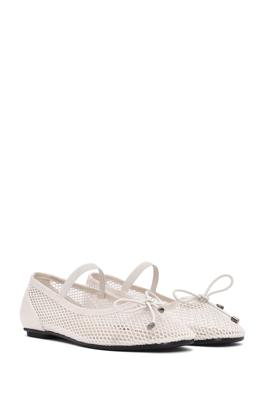 Women's Beige Fabric Fishnet Ballerinas