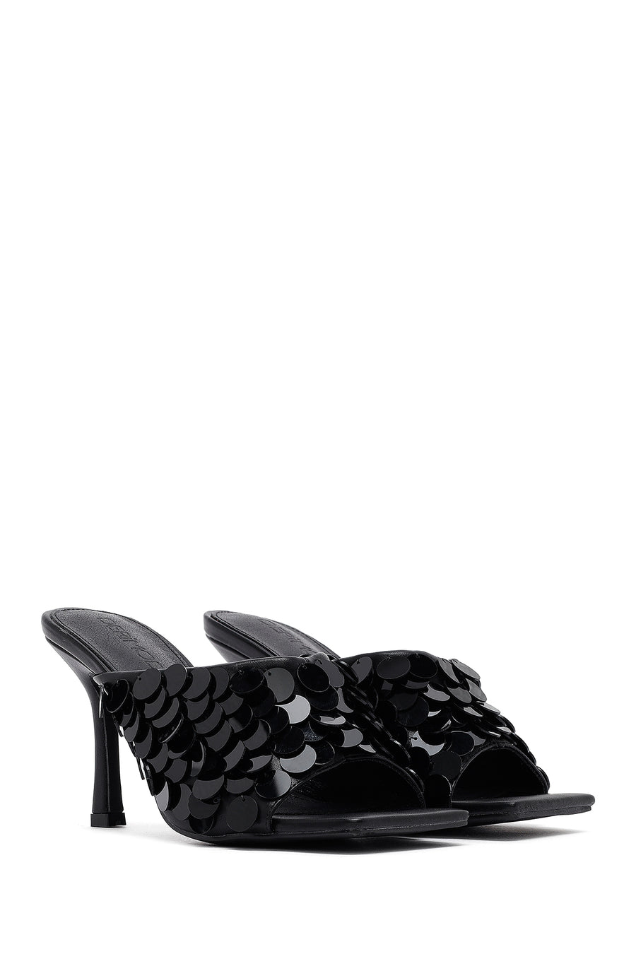 Women's Black Sequined Thin Heeled Slippers