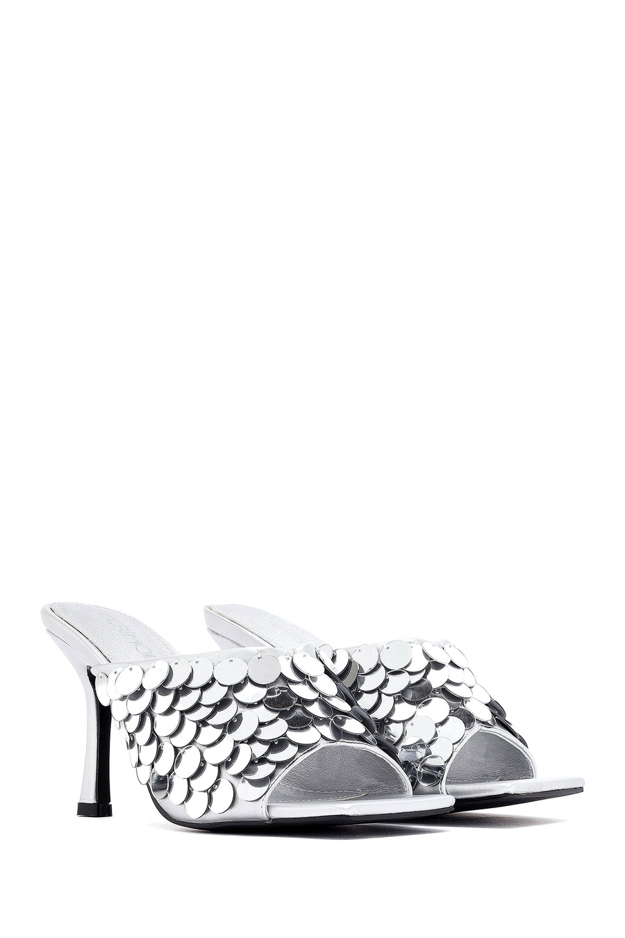 Women's Silver Sequined Thin Heeled Slippers