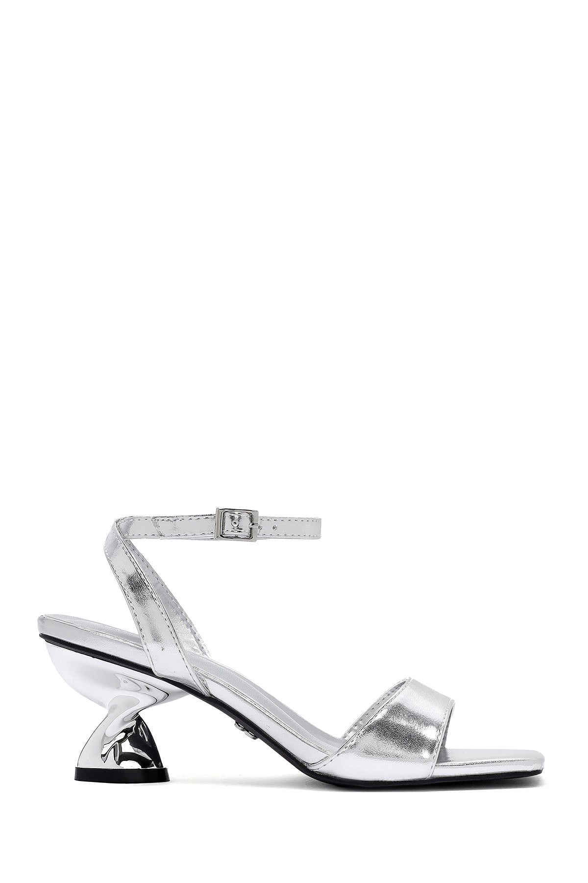 Women's Silver Ankle Buckle Chunky Heel Metallic Sandals 25SFE451632 | Derimod