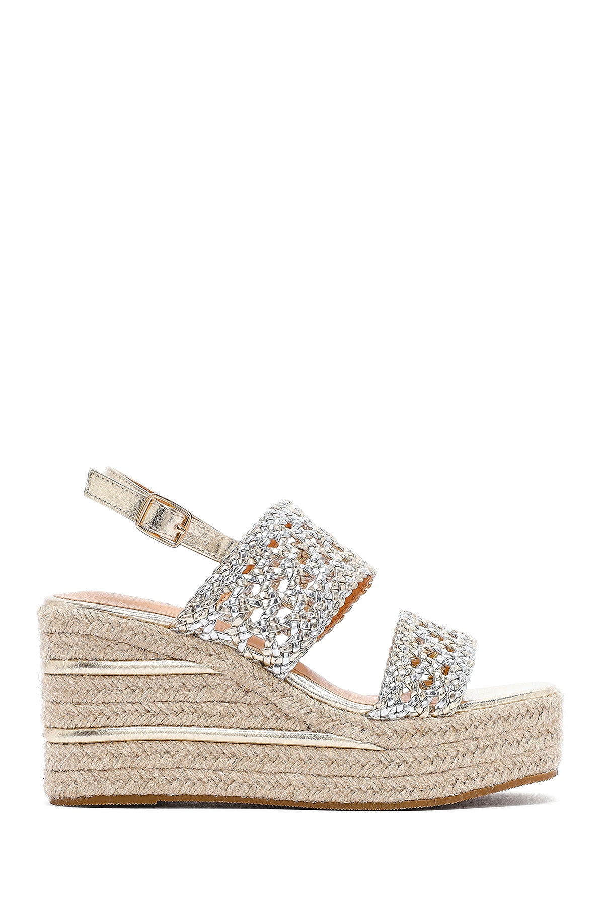 Women's Gold Braided Ankle Buckle Wedge Heeled Espadrille Sandals 25SFE451729 | Derimod