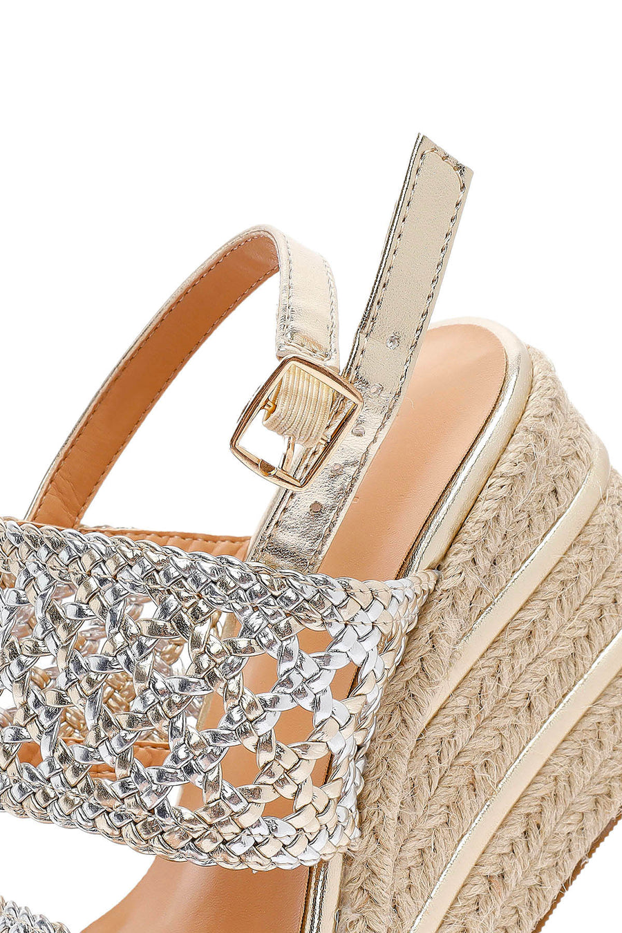 Women's Gold Braided Ankle Buckle Wedge Heeled Espadrille Sandals