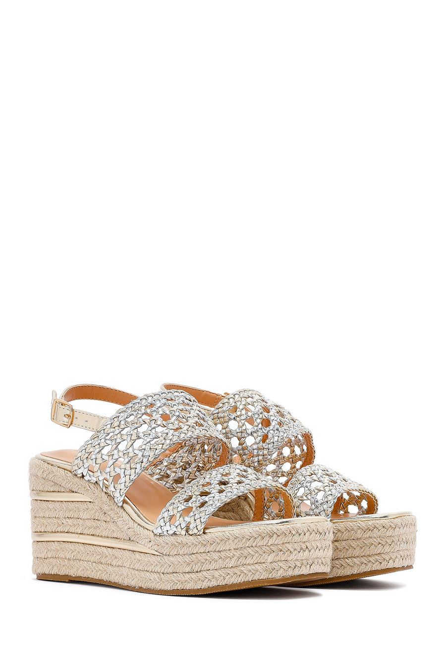 Women's Gold Braided Ankle Buckle Wedge Heeled Espadrille Sandals