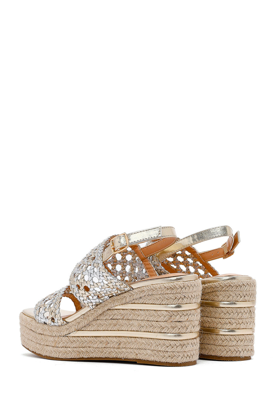 Women's Gold Braided Ankle Buckle Wedge Heeled Espadrille Sandals