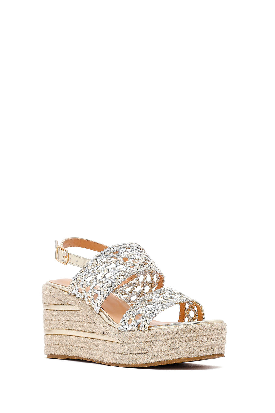Women's Gold Braided Ankle Buckle Wedge Heeled Espadrille Sandals