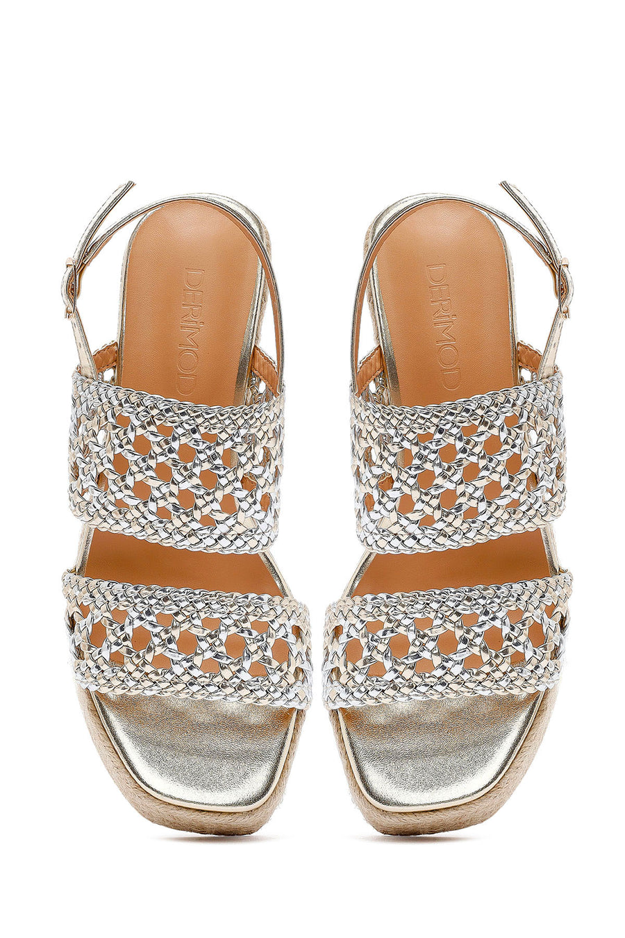 Women's Gold Braided Ankle Buckle Wedge Heeled Espadrille Sandals
