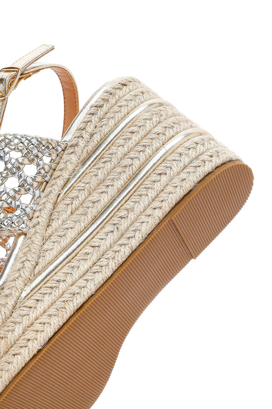Women's Gold Braided Ankle Buckle Wedge Heeled Espadrille Sandals