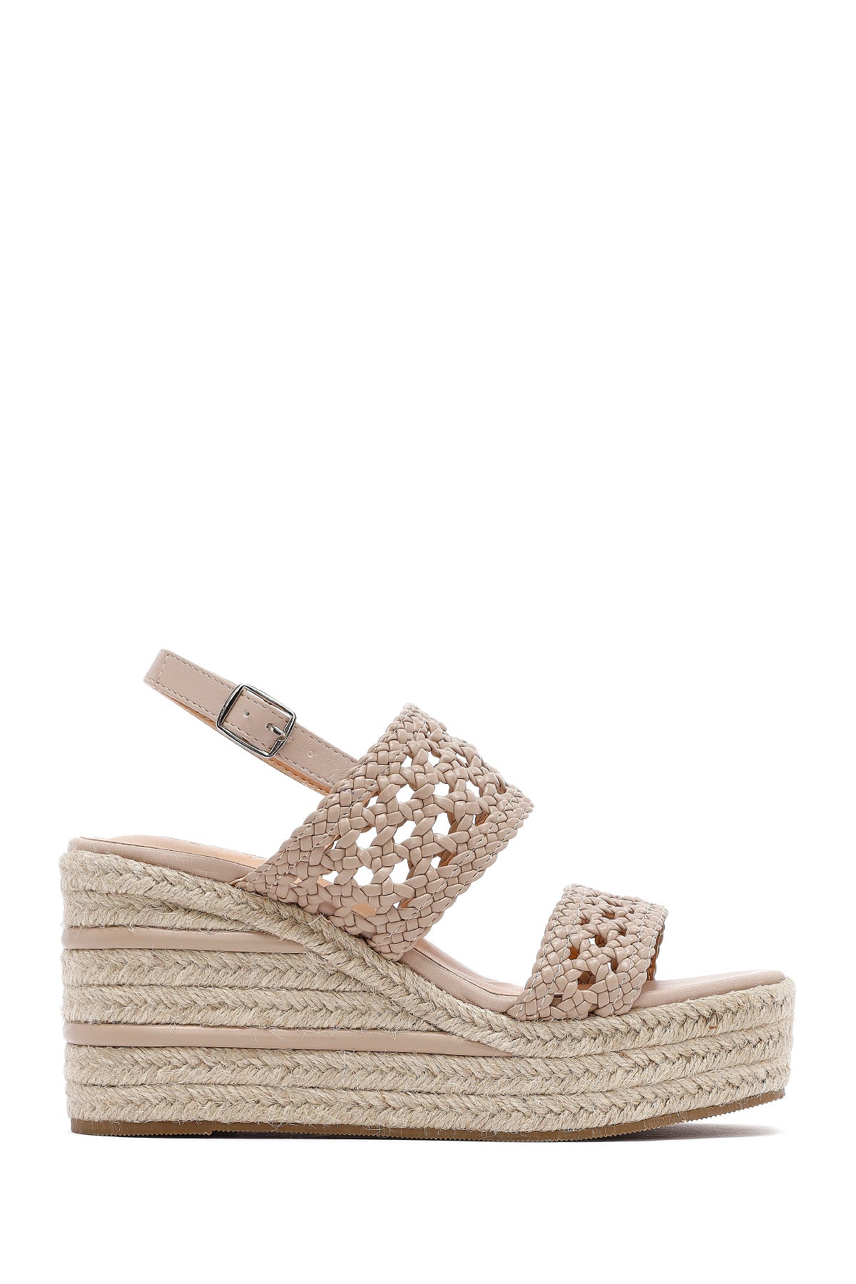 Kadın Krem Örgü Bilekten Tokalı Dolgu Topuklu Espadril Sandalet