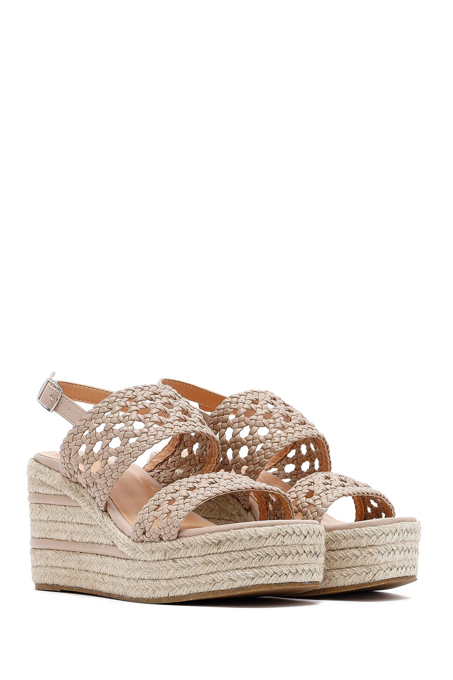 Women's Cream Knitted Ankle Buckle Wedge Heeled Espadrille Sandals