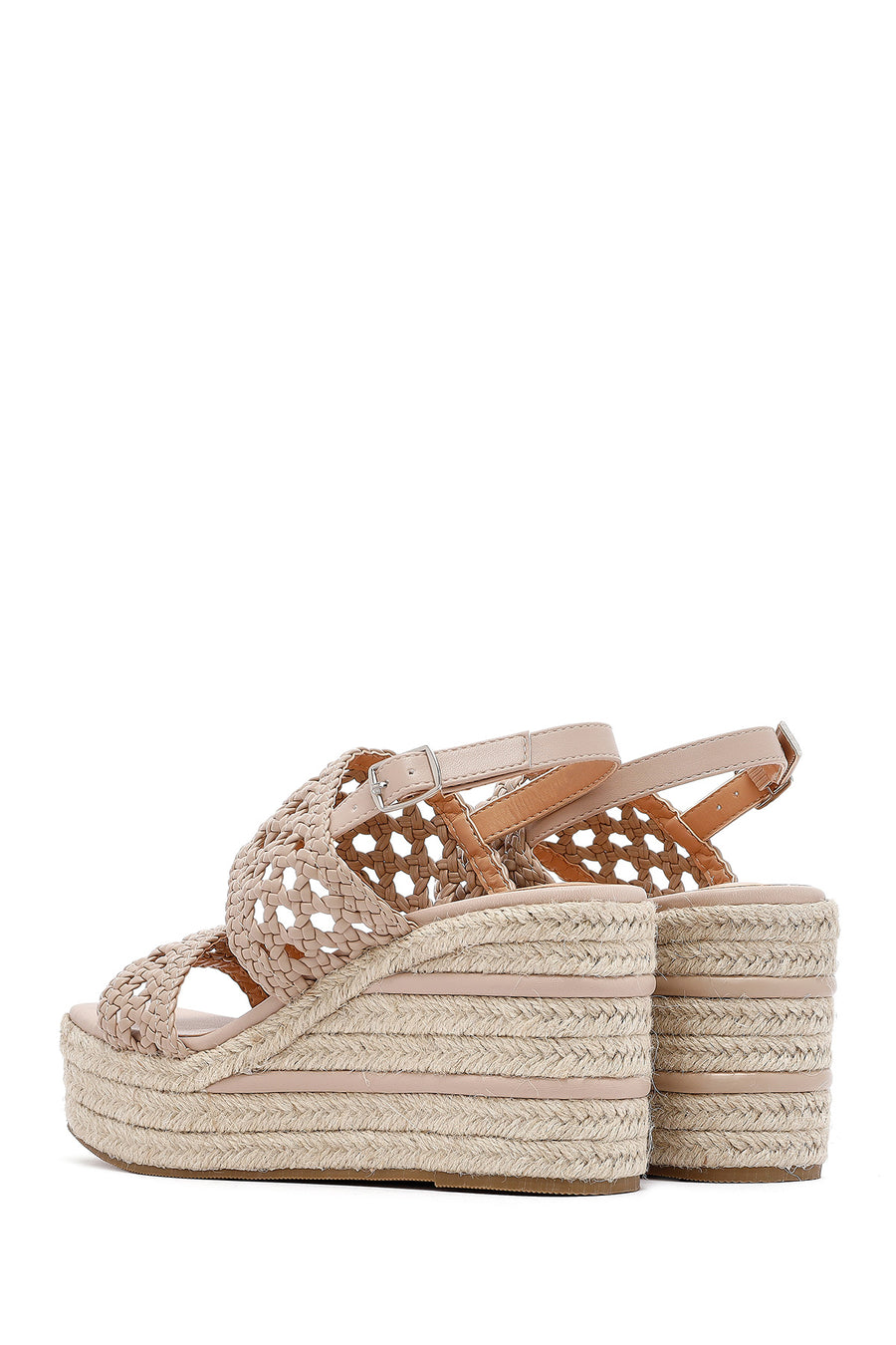 Women's Cream Knitted Ankle Buckle Wedge Heeled Espadrille Sandals