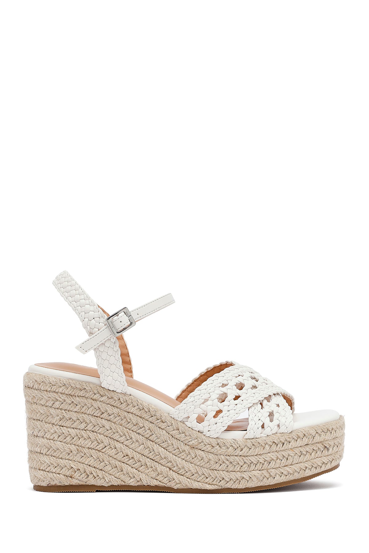 Kadın Beyaz Bilekten Tokalı Dolgu Topuklu Örgü Sandalet 25SFE451829 | Derimod