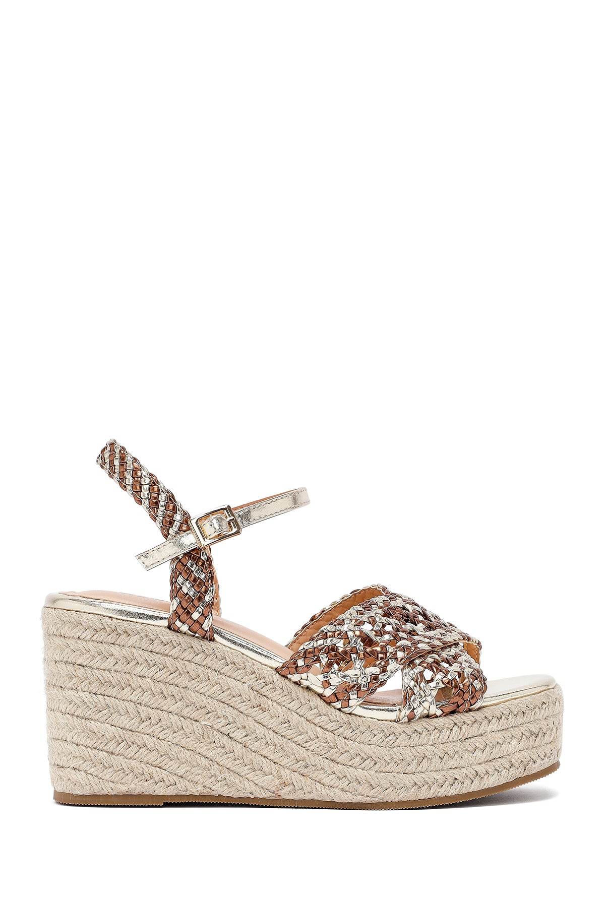 Kadın Altın Bilekten Tokalı Dolgu Topuklu Örgü Sandalet