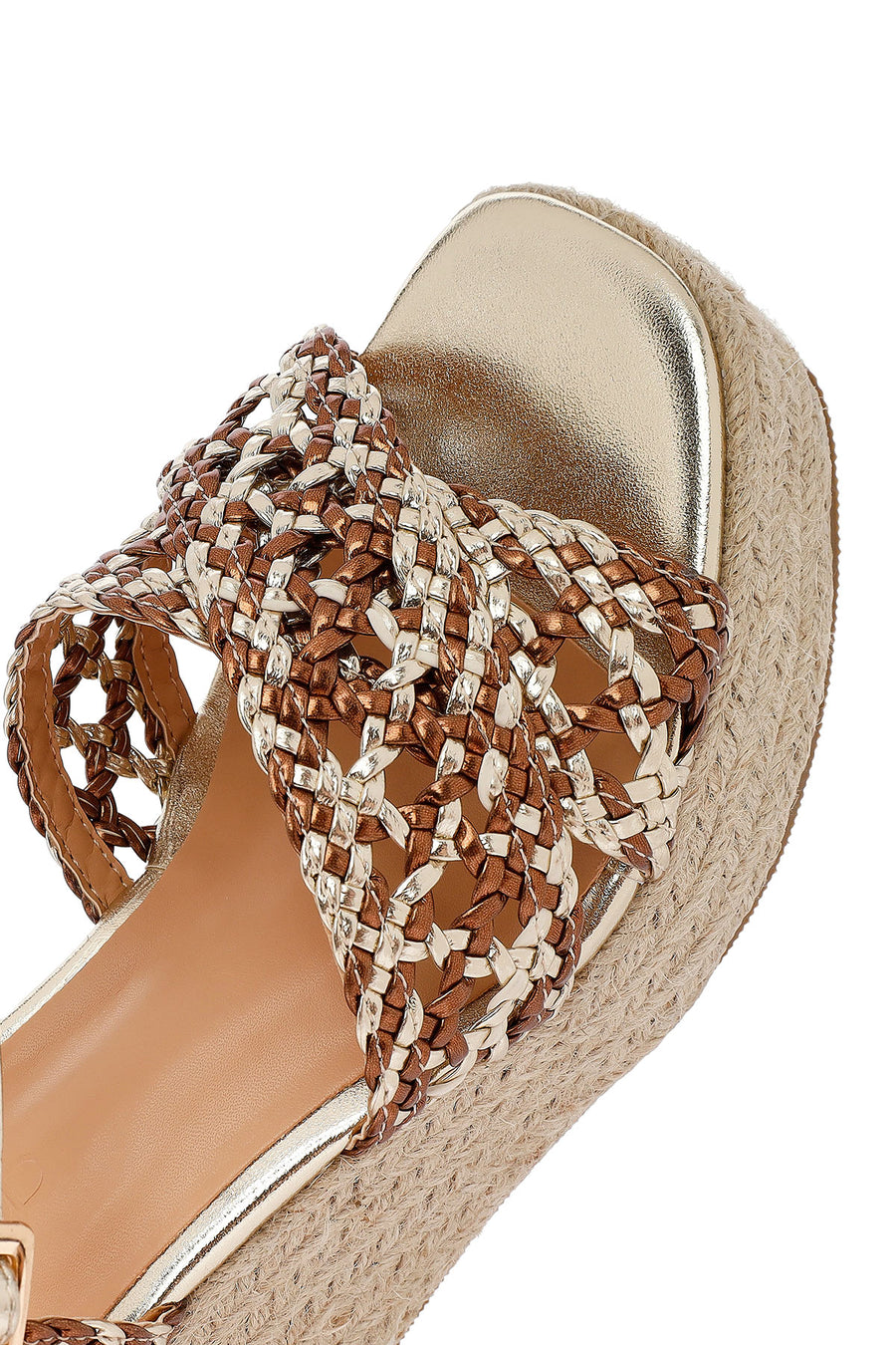 Women's Gold Ankle Buckle Platform Heel Woven Sandals