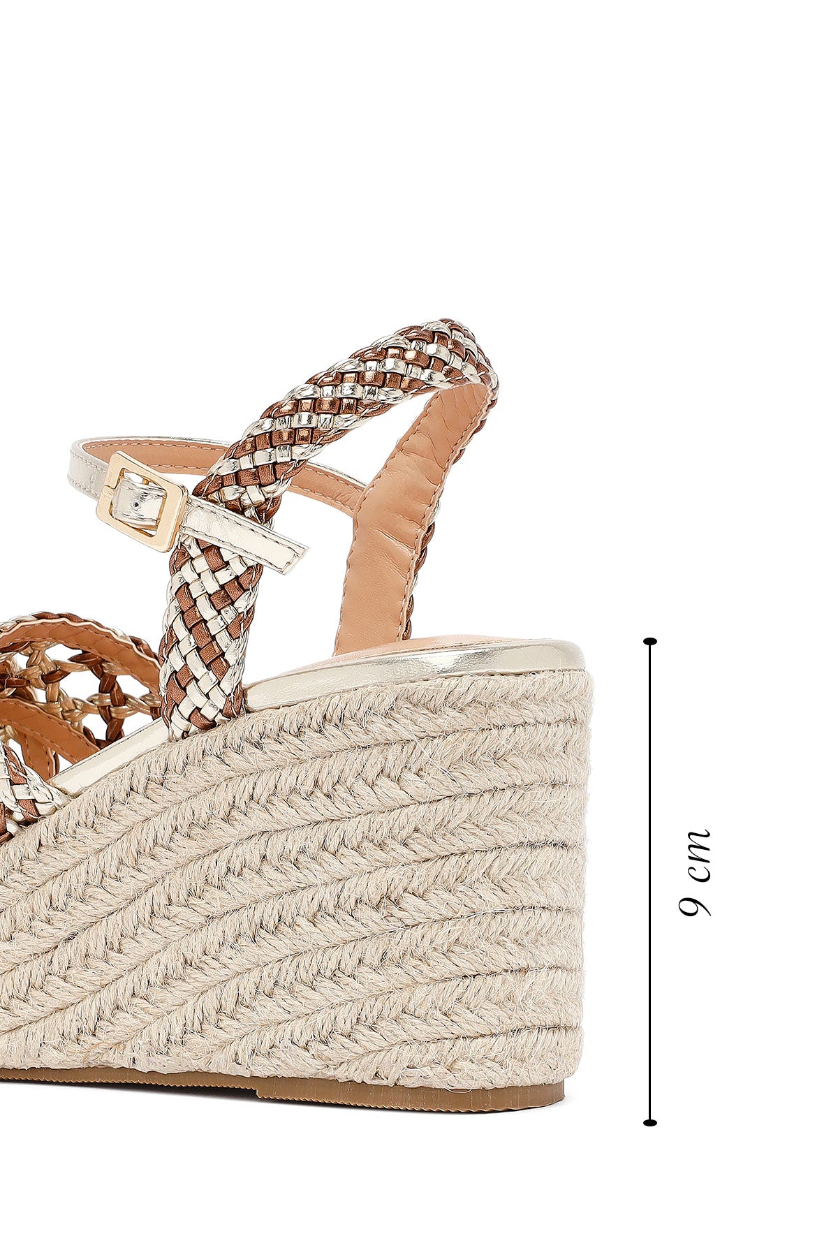 Kadın Altın Bilekten Tokalı Dolgu Topuklu Örgü Sandalet