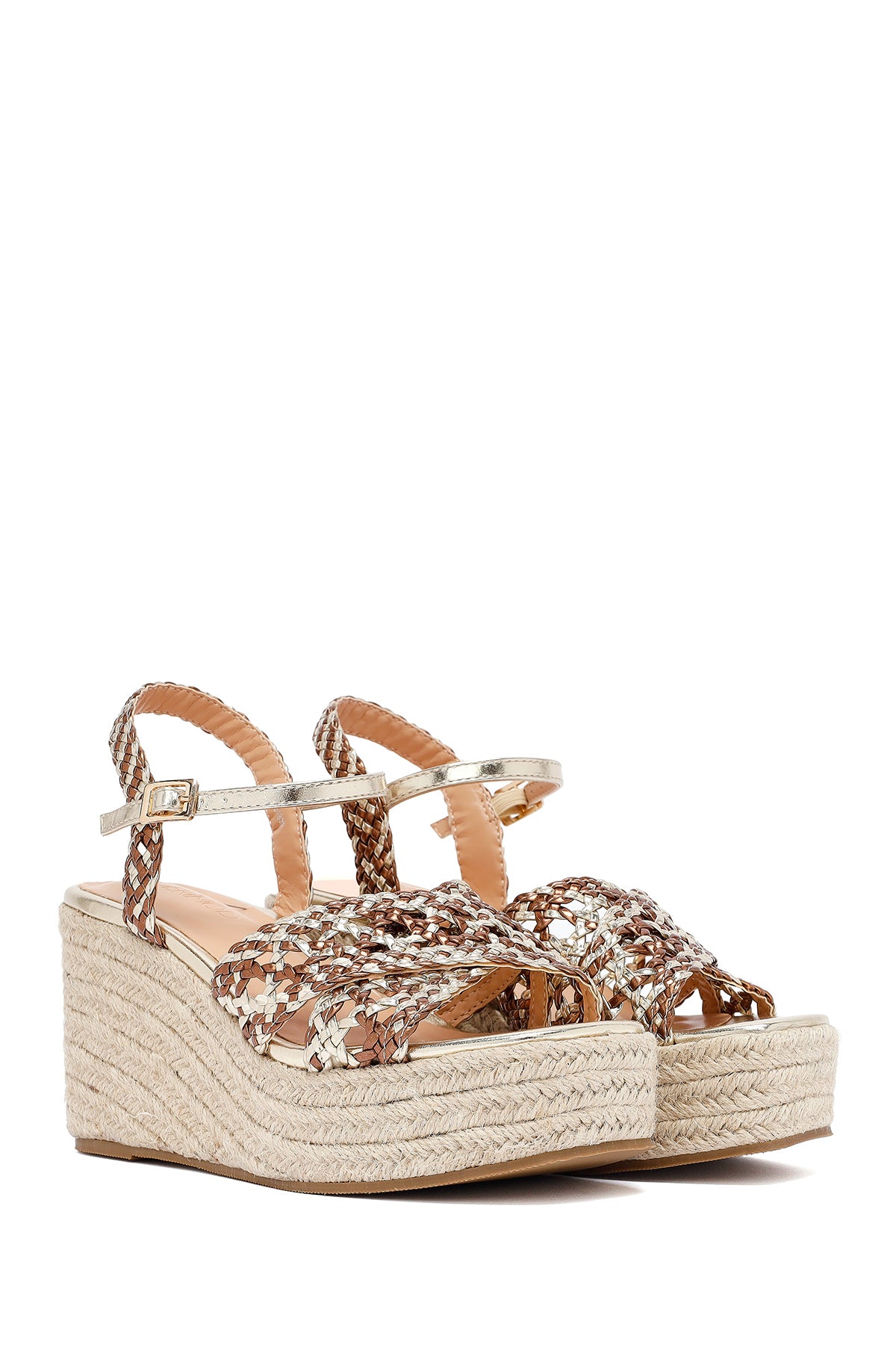 Kadın Altın Bilekten Tokalı Dolgu Topuklu Örgü Sandalet