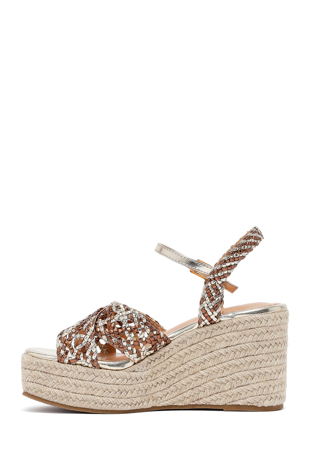 Kadın Altın Bilekten Tokalı Dolgu Topuklu Örgü Sandalet