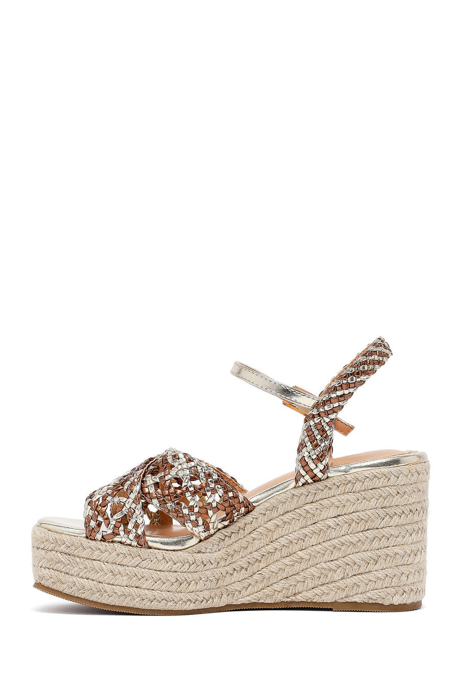 Women's Gold Ankle Buckle Platform Heel Woven Sandals
