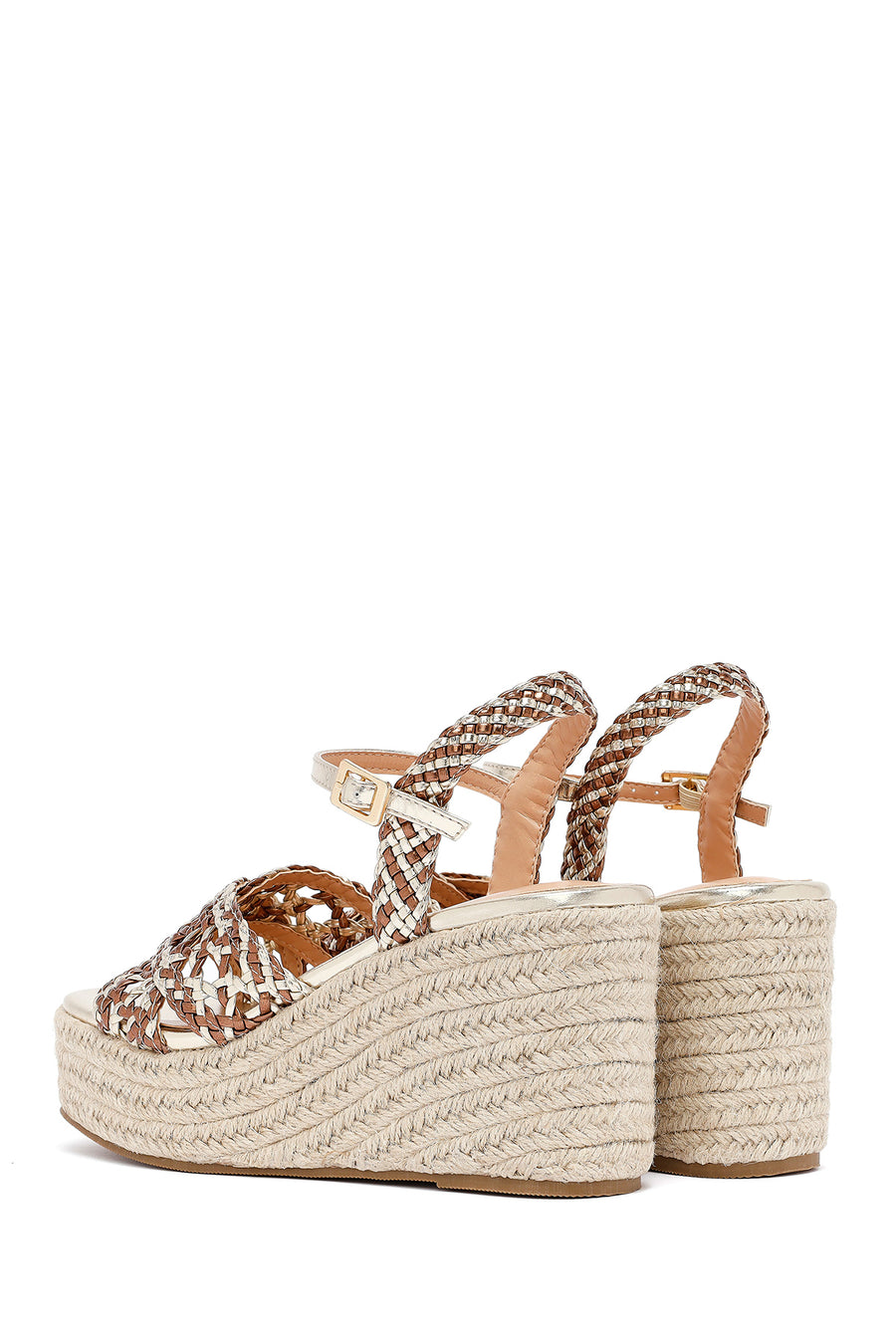 Women's Gold Ankle Buckle Platform Heel Woven Sandals