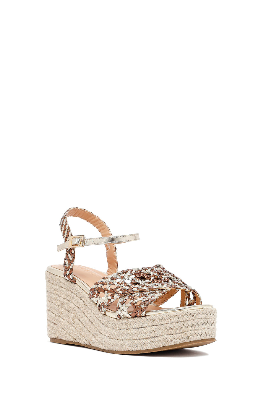 Women's Gold Ankle Buckle Platform Heel Woven Sandals