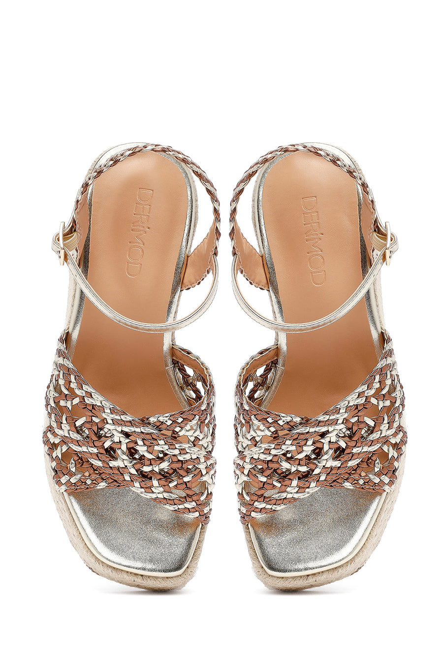 Women's Gold Ankle Buckle Platform Heel Woven Sandals