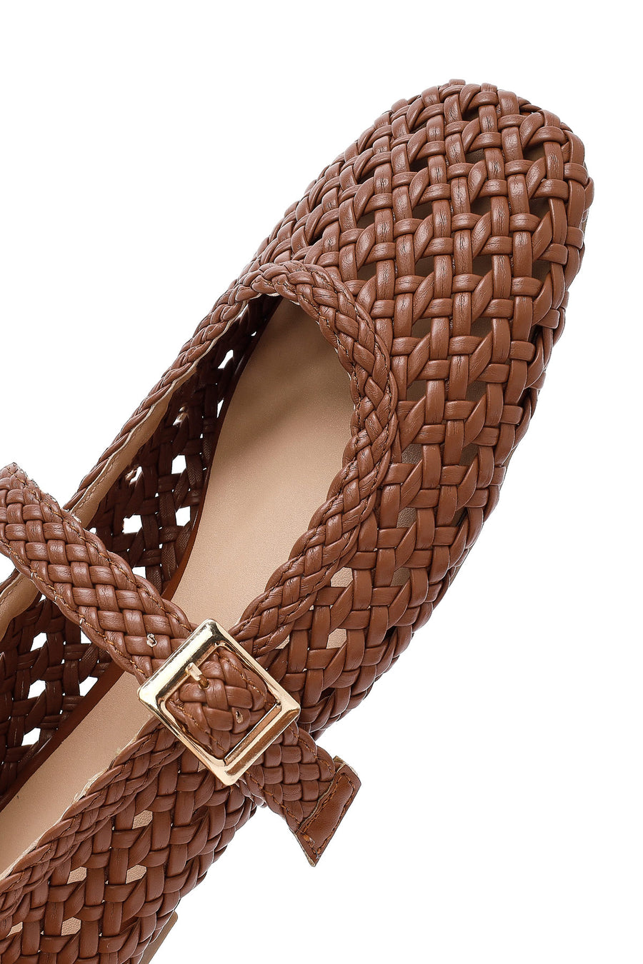 Women's Tan Buckled Braided Ballet Flats