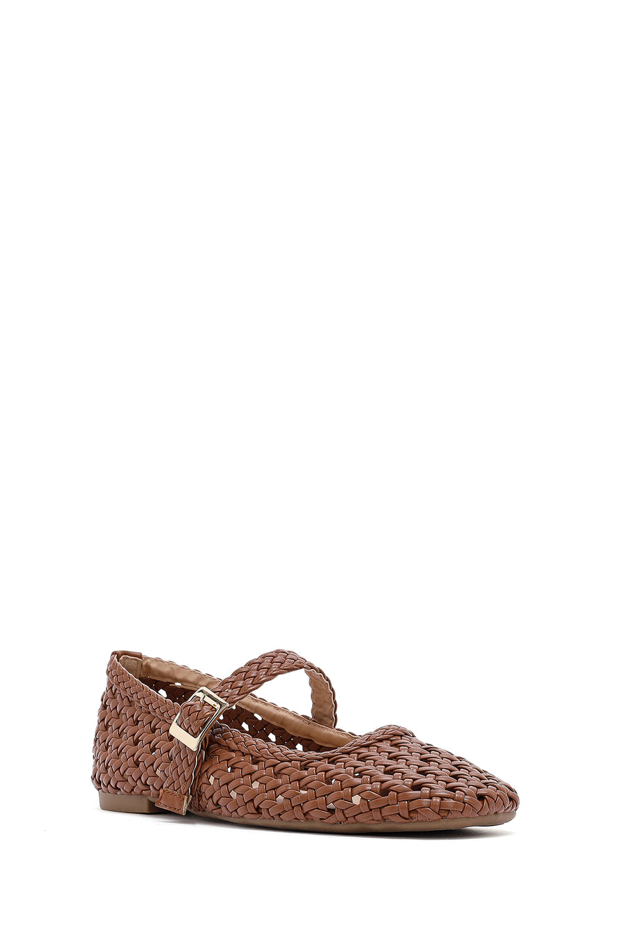 Women's Tan Buckled Braided Ballet Flats