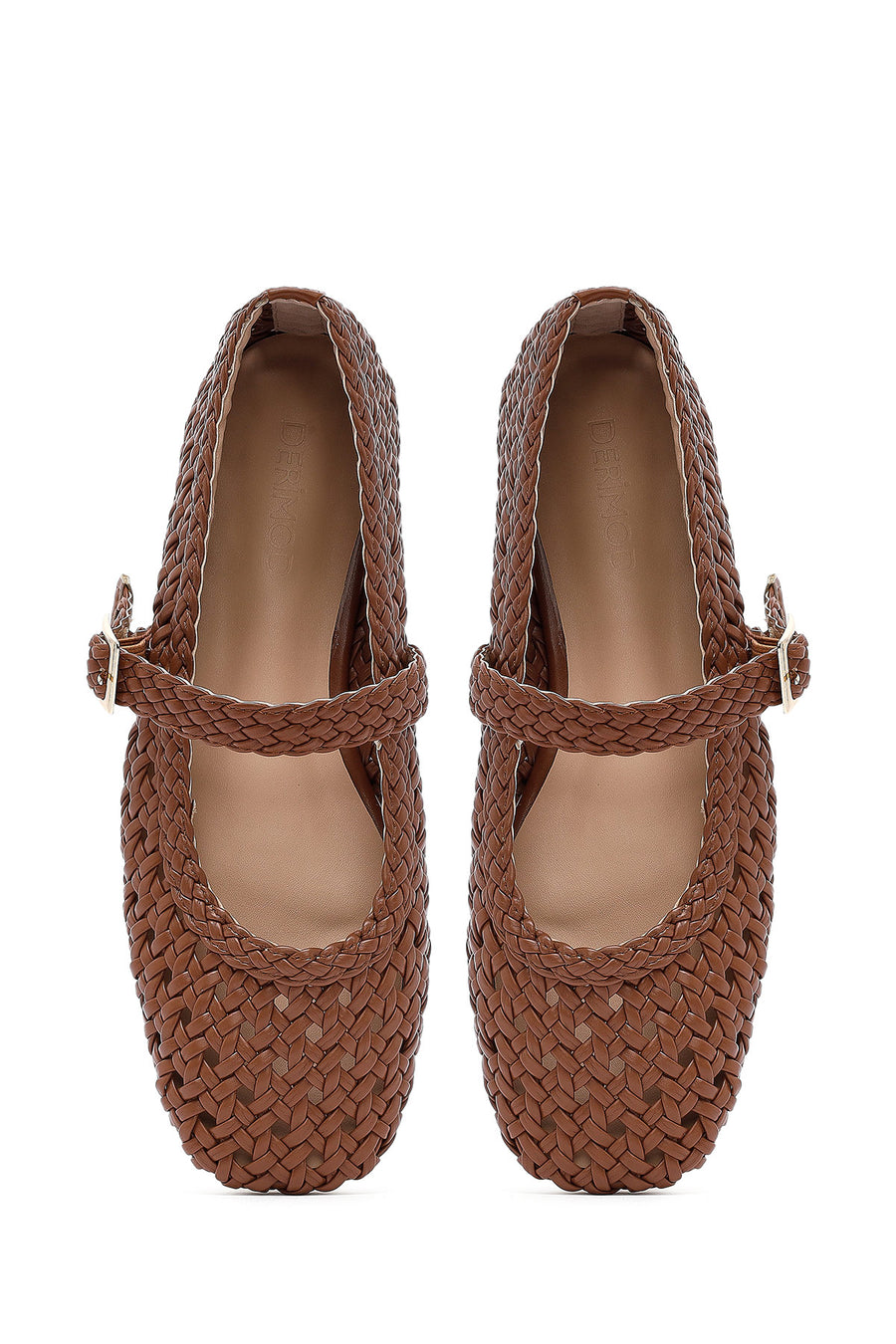 Women's Tan Buckled Braided Ballet Flats