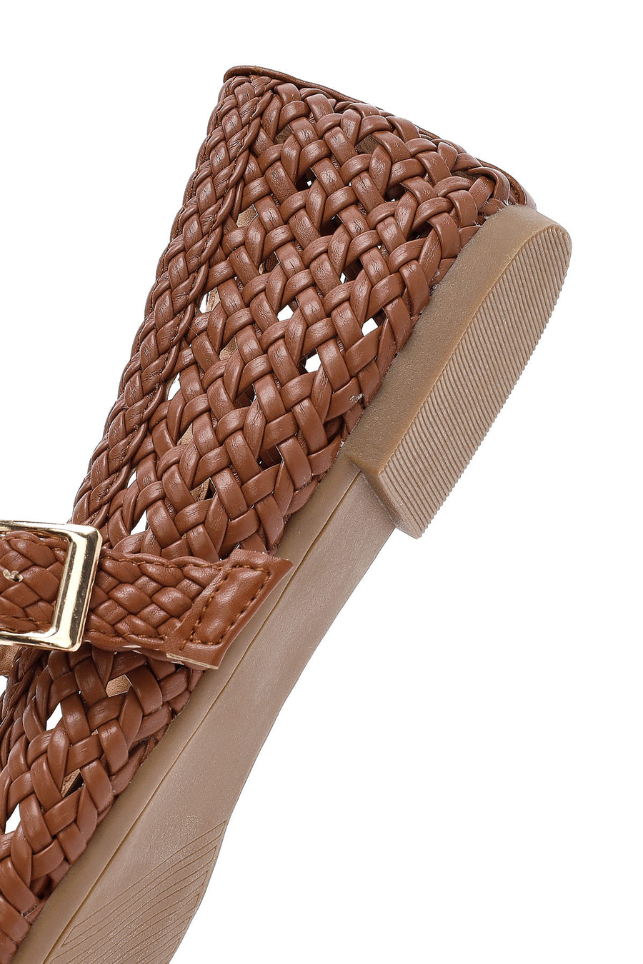 Women's Tan Buckled Braided Ballet Flats