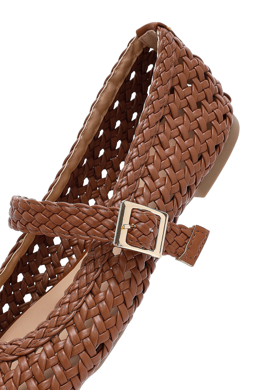 Women's Tan Buckled Braided Ballet Flats