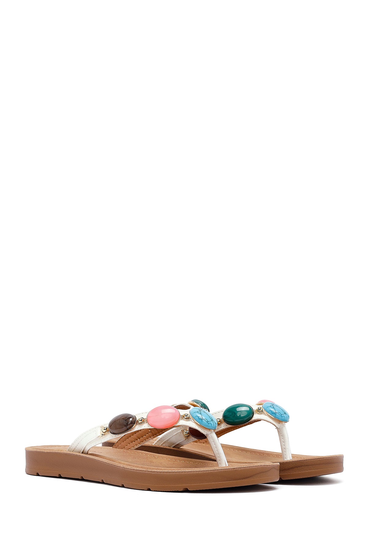 Kadın Beyaz Parmak Arası Taşlı Terlik