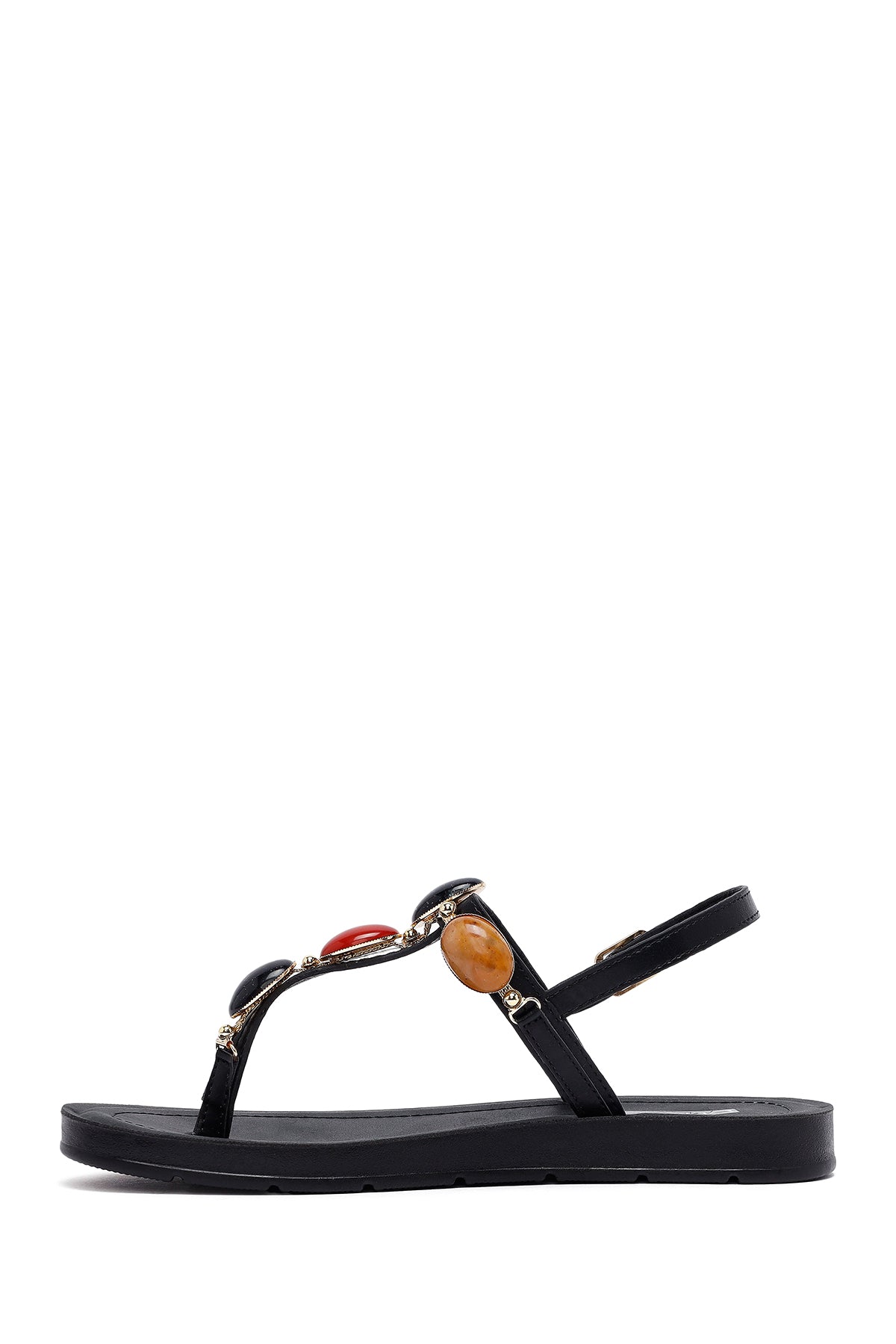 Kadın Siyah Parmak Arası Taşlı Sandalet