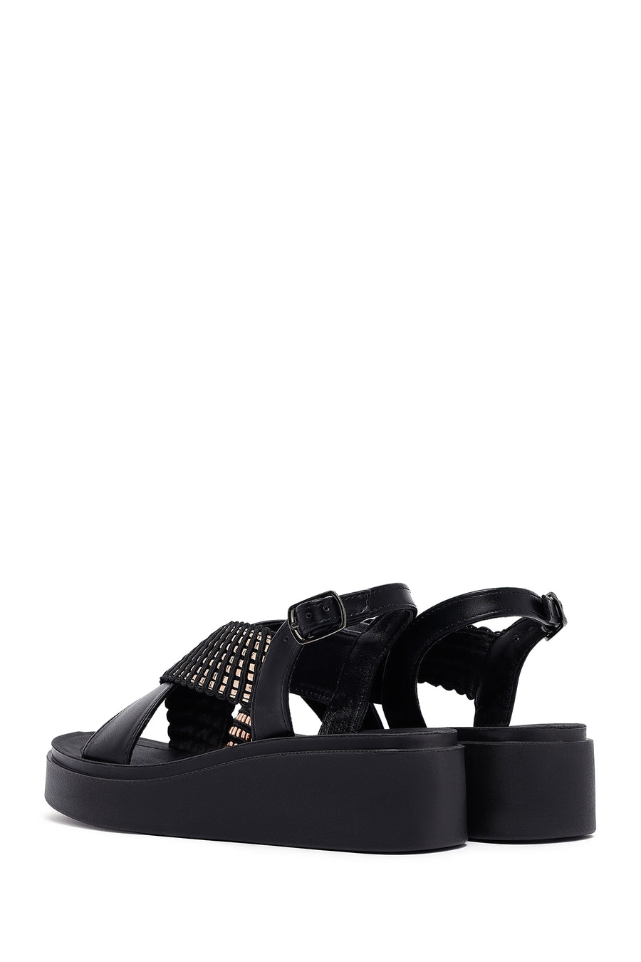 Women's Black Thick Soled Stoned Sandals