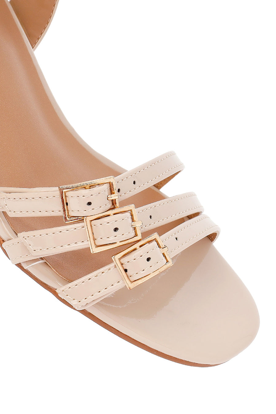 Women's Beige Ankle Buckle Thick Patent Leather Heeled Sandals