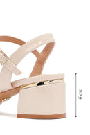 Women's Beige Ankle Buckle Thick Patent Leather Heeled Sandals | Derimod