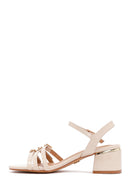 Women's Beige Ankle Buckle Thick Patent Leather Heeled Sandals | Derimod