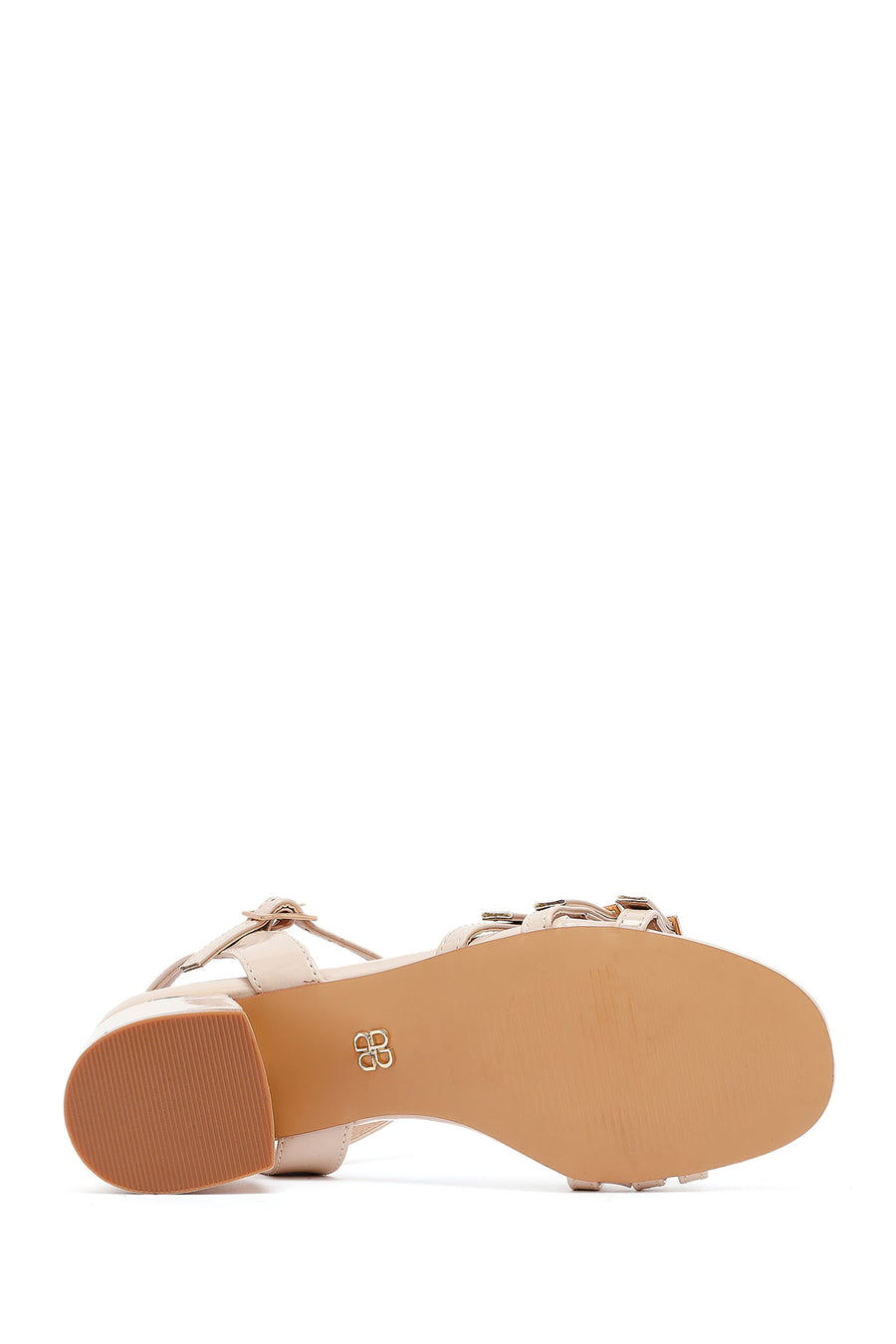 Women's Beige Ankle Buckle Thick Patent Leather Heeled Sandals
