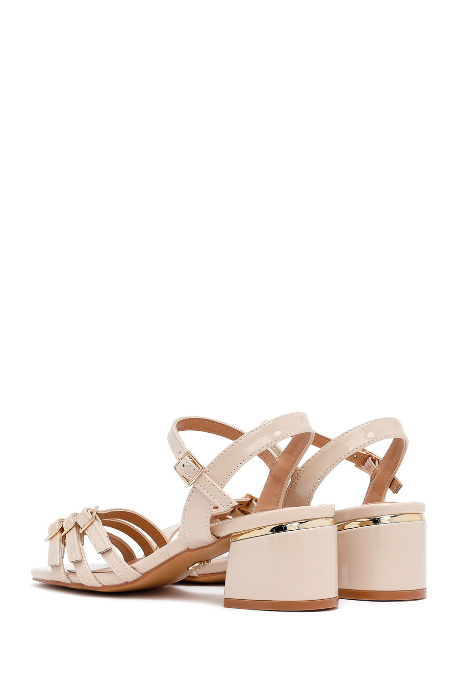 Women's Beige Ankle Buckle Thick Patent Leather Heeled Sandals