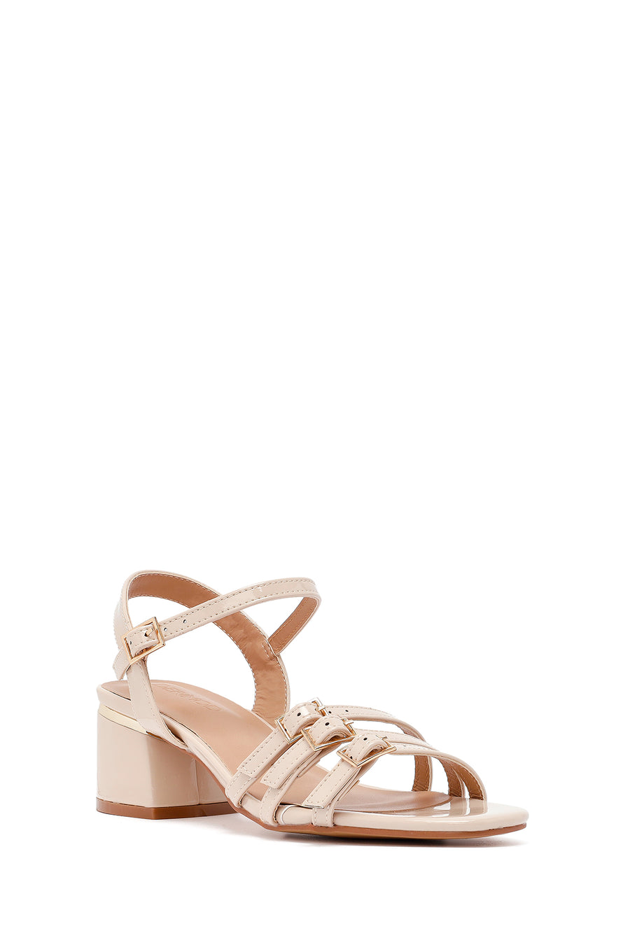 Women's Beige Ankle Buckle Thick Patent Leather Heeled Sandals