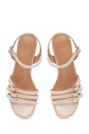 Women's Beige Ankle Buckle Thick Patent Leather Heeled Sandals | Derimod