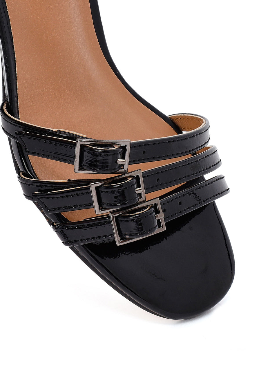 Women's Black Ankle Buckle Thick Patent Leather Heeled Sandals
