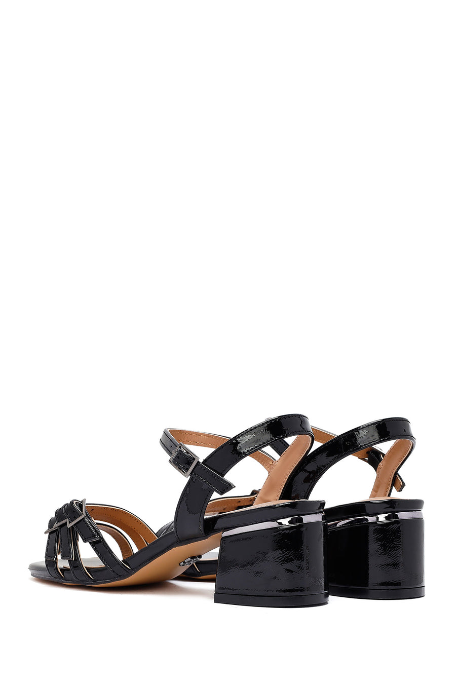 Women's Black Ankle Buckle Thick Patent Leather Heeled Sandals
